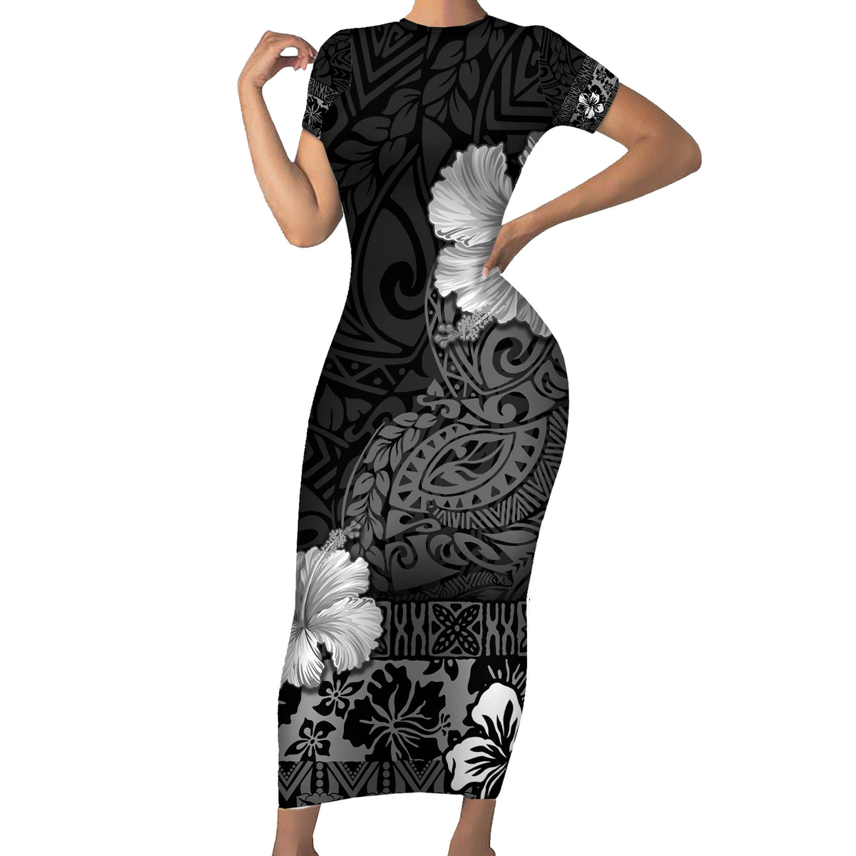 Hawaii Hibiscus With Black Polynesian Pattern Family Matching Short Sleeve Bodycon Dress and Hawaiian Shirt LT05 Mom's Dress Black - Polynesian Pride