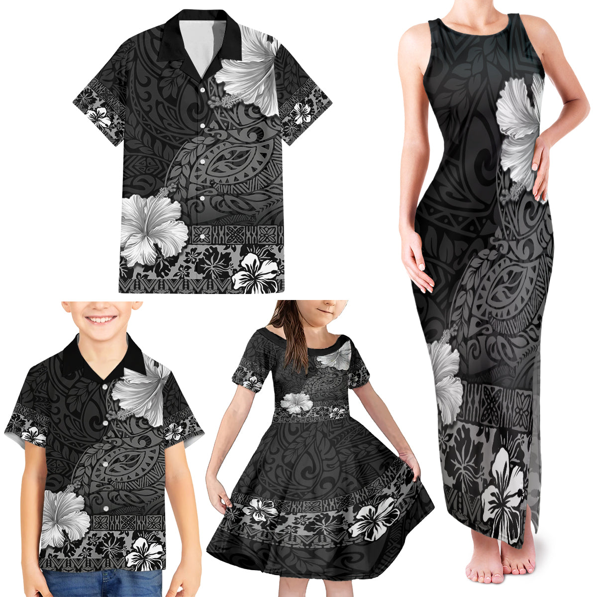Hawaii Hibiscus With Black Polynesian Pattern Family Matching Tank Maxi Dress and Hawaiian Shirt LT05 - Polynesian Pride