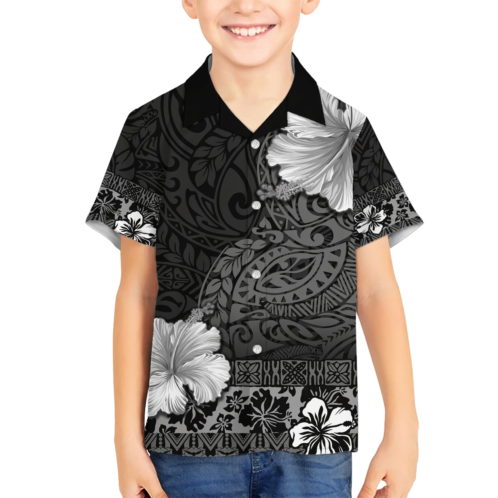 Hawaii Hibiscus With Black Polynesian Pattern Kid Hawaiian Shirt LT05 Kid Black - Polynesian Pride