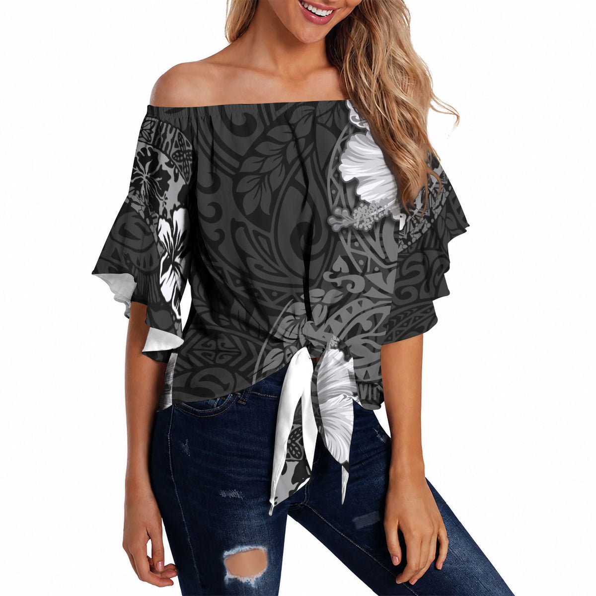 Hawaii Hibiscus With Black Polynesian Pattern Off Shoulder Wrap Waist Top LT05 - Polynesian Pride