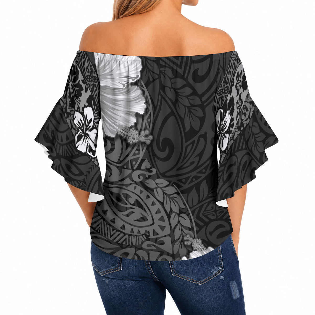 Hawaii Hibiscus With Black Polynesian Pattern Off Shoulder Wrap Waist Top LT05 - Polynesian Pride