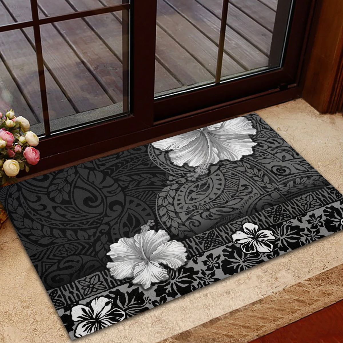 Hawaii Hibiscus With Black Polynesian Pattern Rubber Doormat