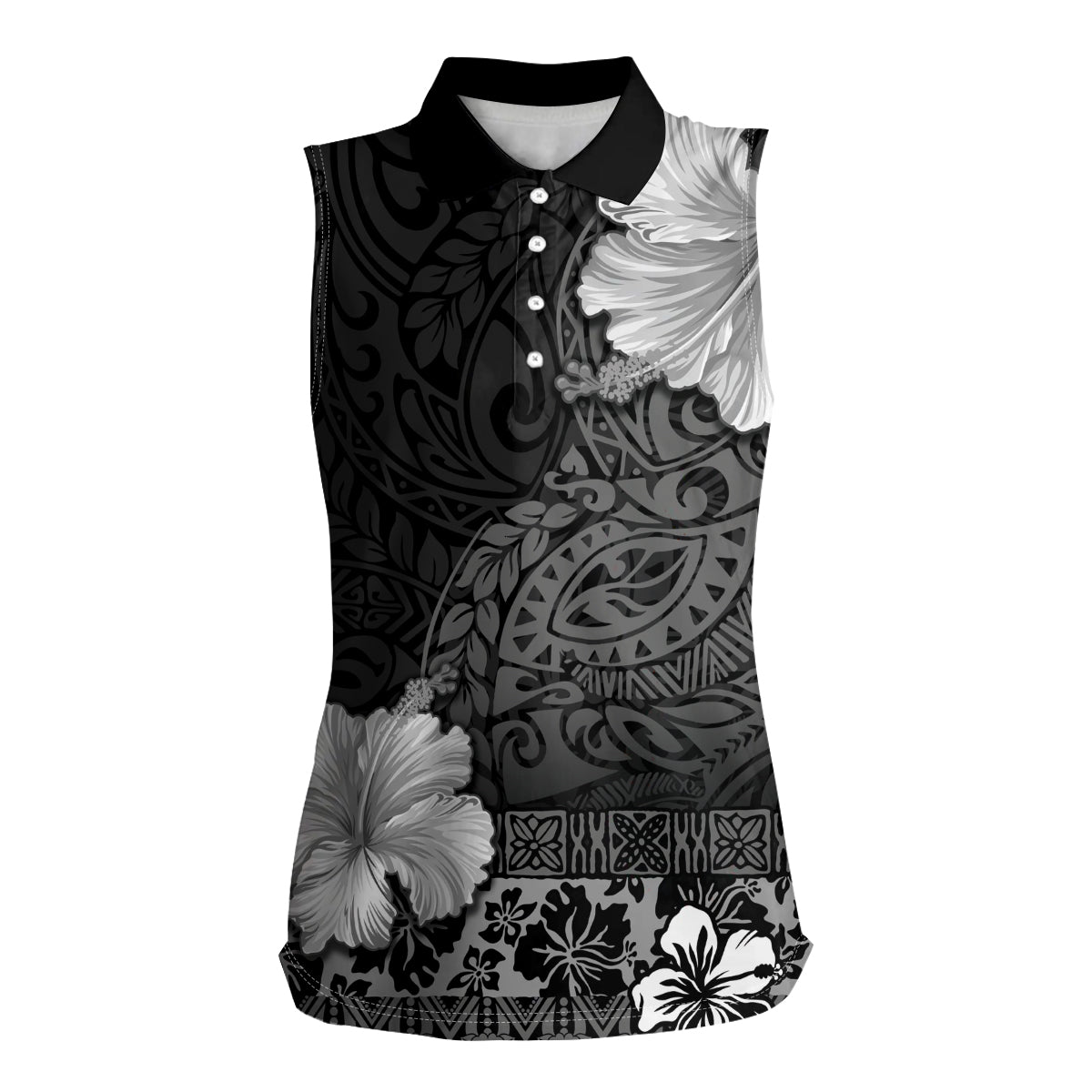 Hawaii Hibiscus With Black Polynesian Pattern Women Sleeveless Polo Shirt LT05 Female Black - Polynesian Pride
