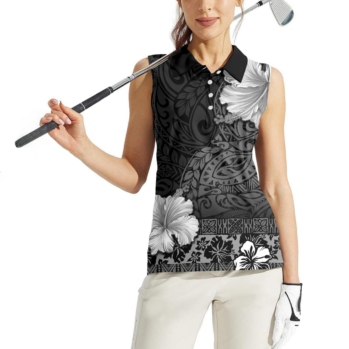 Hawaii Hibiscus With Black Polynesian Pattern Women Sleeveless Polo Shirt LT05 - Polynesian Pride