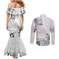 Hawaii Hibiscus With White Polynesian Pattern Couples Matching Mermaid Dress and Long Sleeve Button Shirt