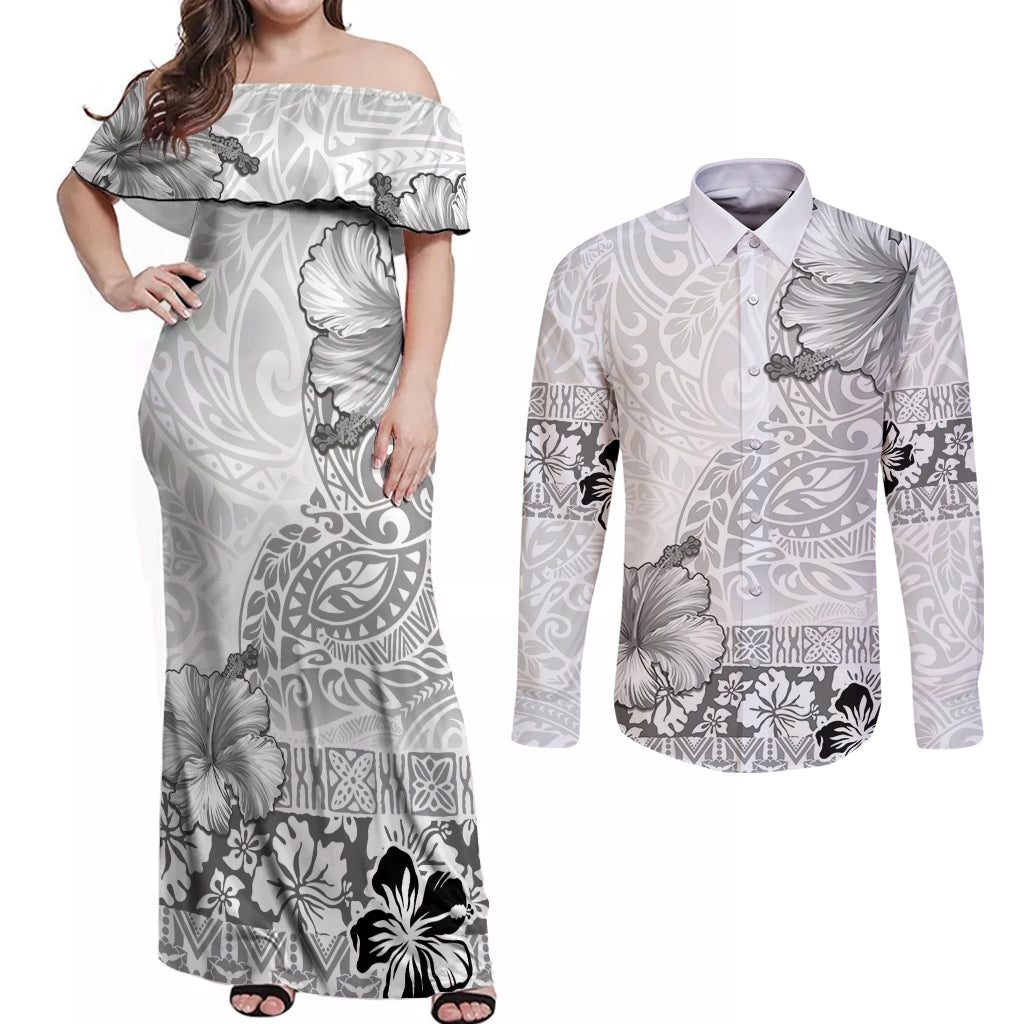 Hawaii Hibiscus With White Polynesian Pattern Couples Matching Off Shoulder Maxi Dress and Long Sleeve Button Shirt