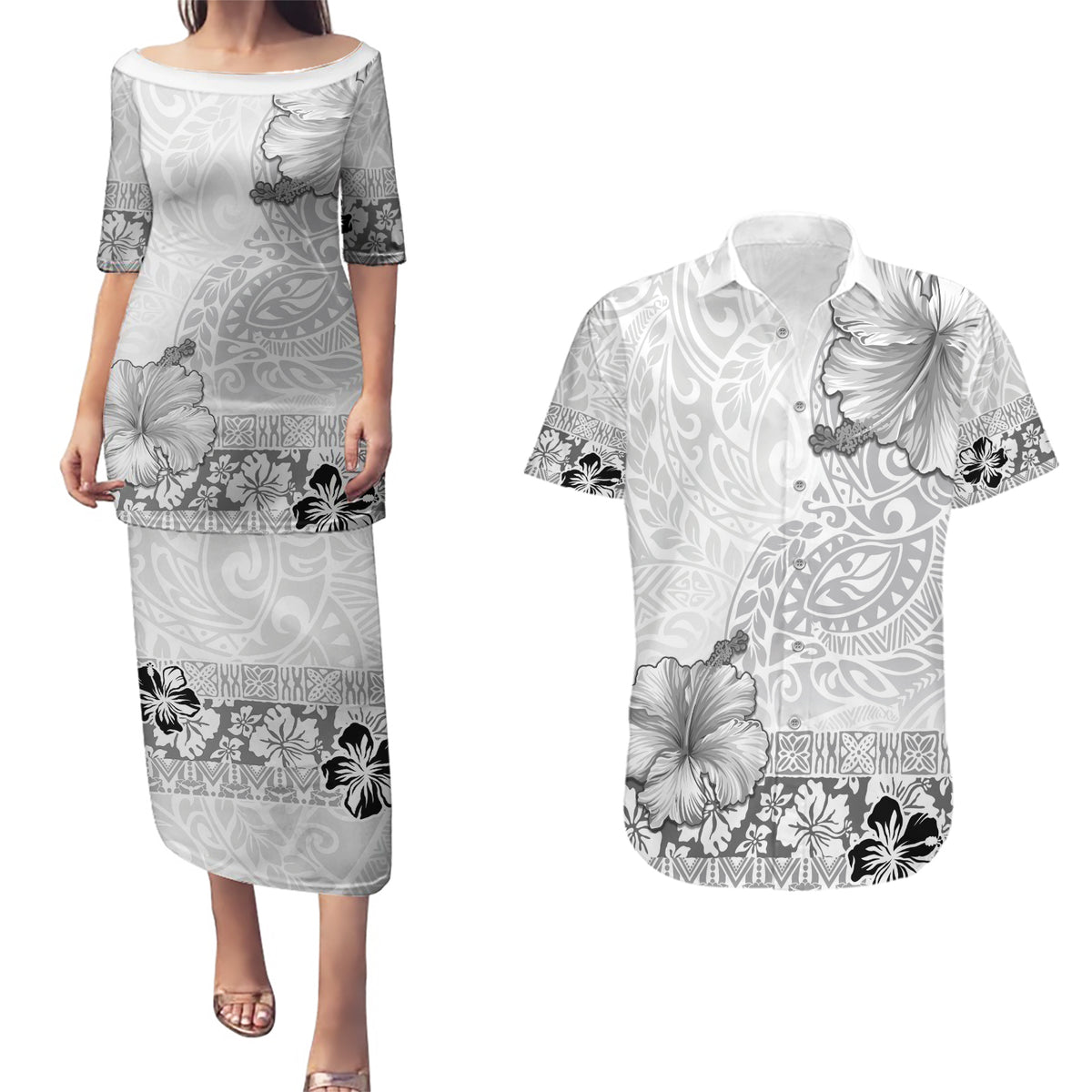 Hawaii Hibiscus With White Polynesian Pattern Couples Matching Puletasi and Hawaiian Shirt