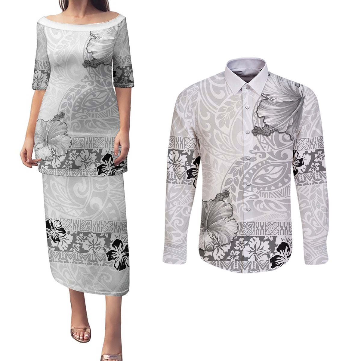 Hawaii Hibiscus With White Polynesian Pattern Couples Matching Puletasi and Long Sleeve Button Shirt LT05 White - Polynesian Pride