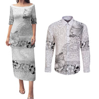 Hawaii Hibiscus With White Polynesian Pattern Couples Matching Puletasi and Long Sleeve Button Shirt LT05 White - Polynesian Pride