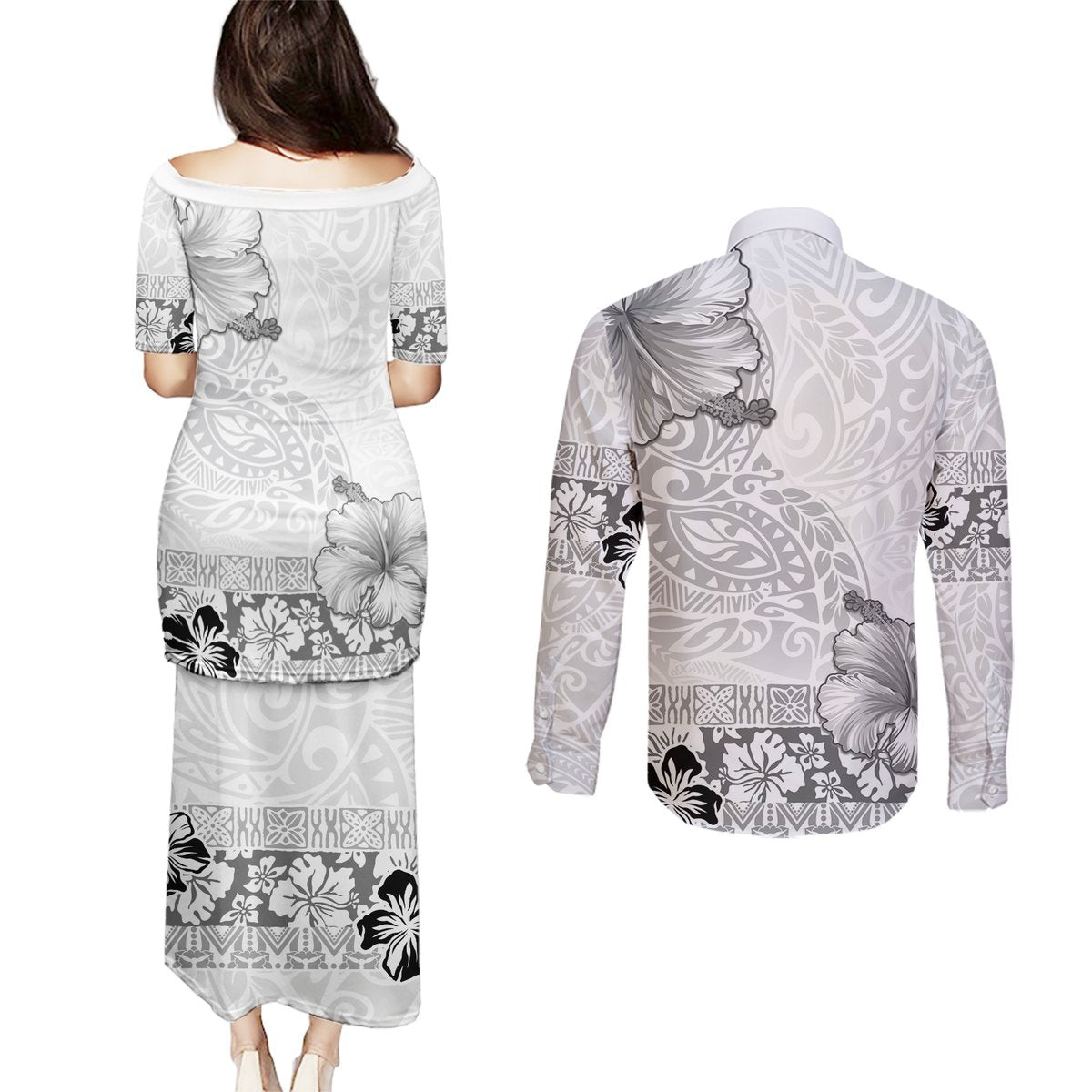 Hawaii Hibiscus With White Polynesian Pattern Couples Matching Puletasi and Long Sleeve Button Shirt LT05 - Polynesian Pride
