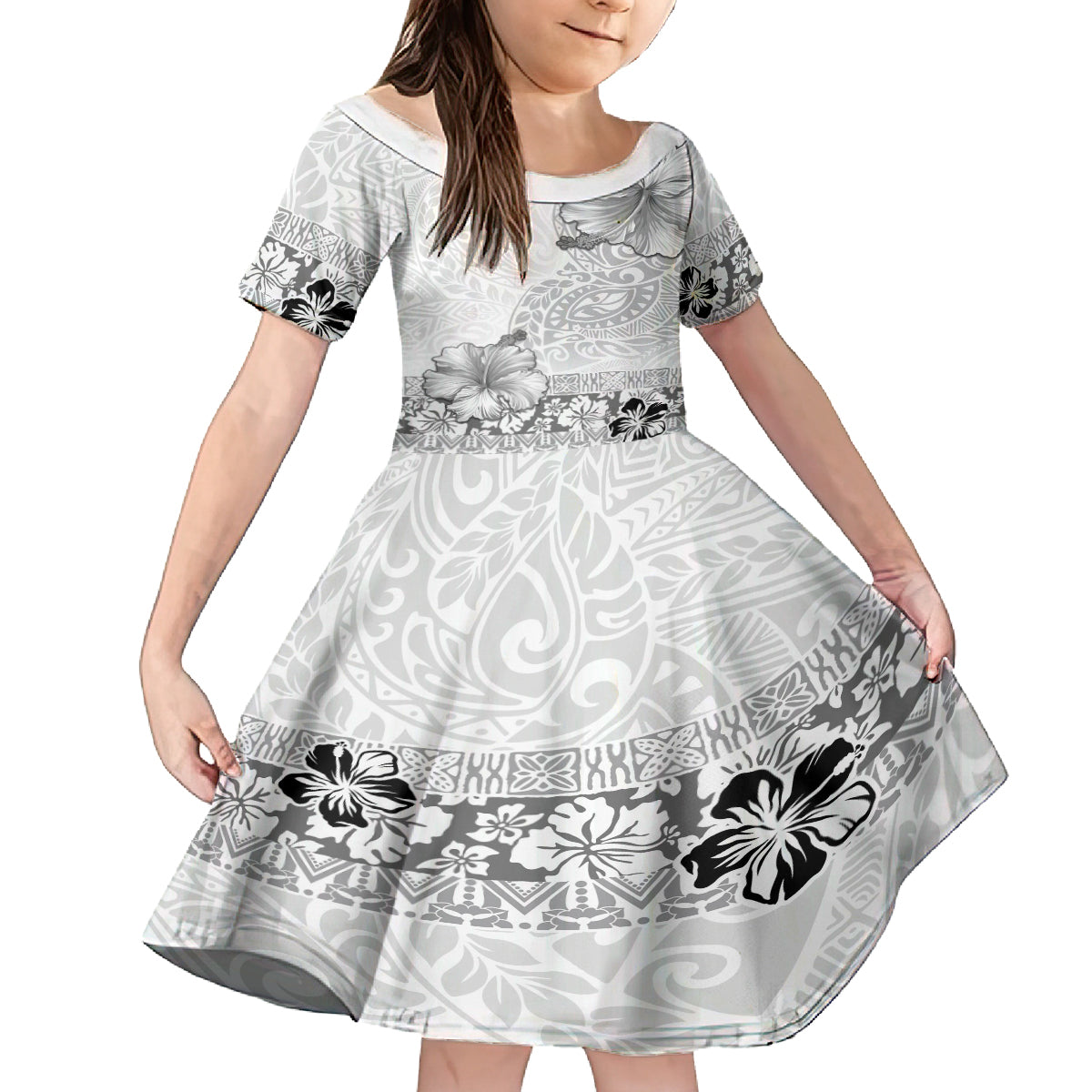 Hawaii Hibiscus With White Polynesian Pattern Family Matching Long Sleeve Bodycon Dress and Hawaiian Shirt LT05 Daughter's Dress White - Polynesian Pride