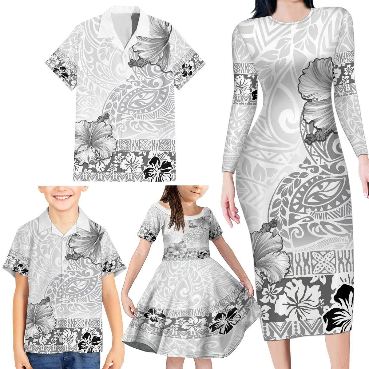 Hawaii Hibiscus With White Polynesian Pattern Family Matching Long Sleeve Bodycon Dress and Hawaiian Shirt LT05 - Polynesian Pride