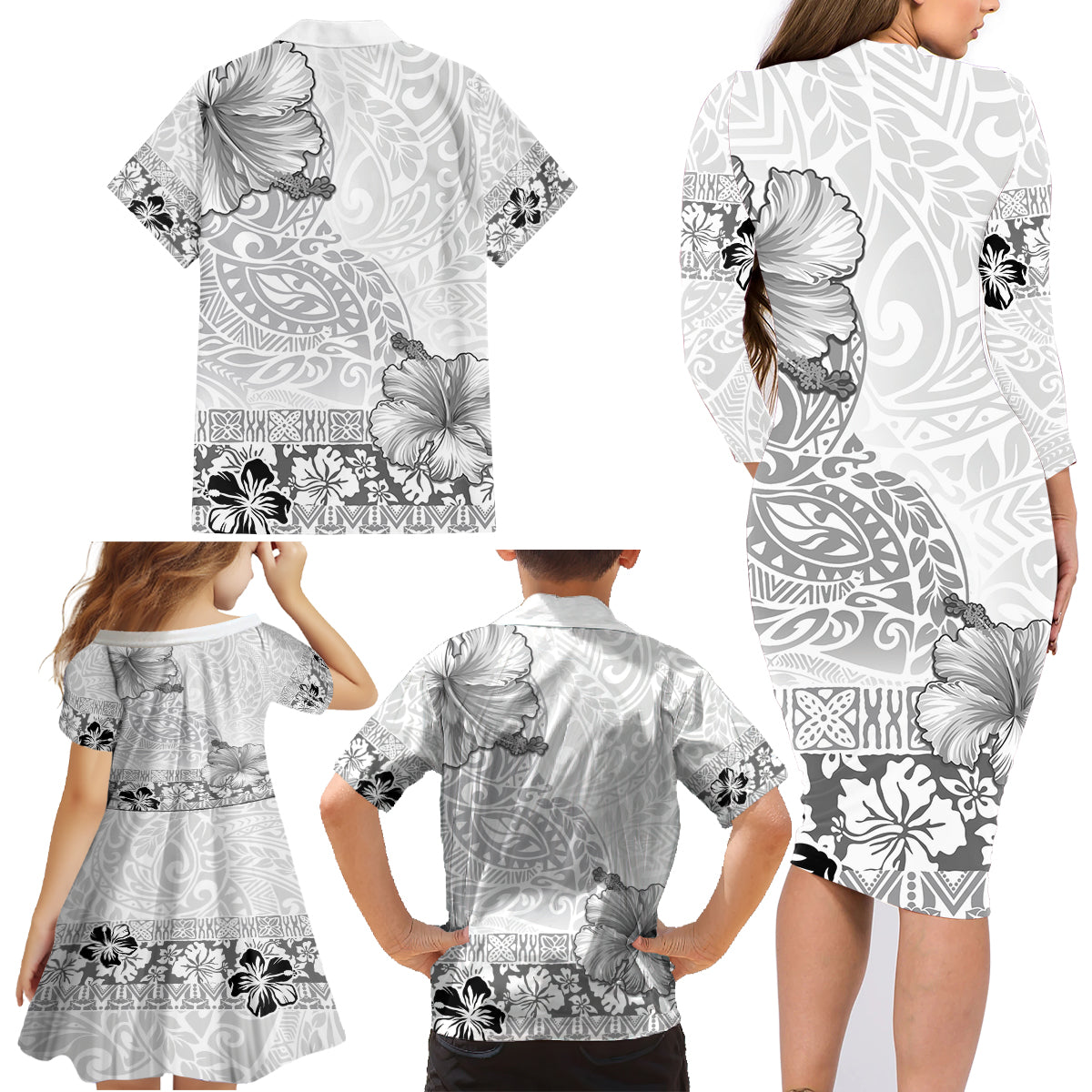 Hawaii Hibiscus With White Polynesian Pattern Family Matching Long Sleeve Bodycon Dress and Hawaiian Shirt LT05 - Polynesian Pride