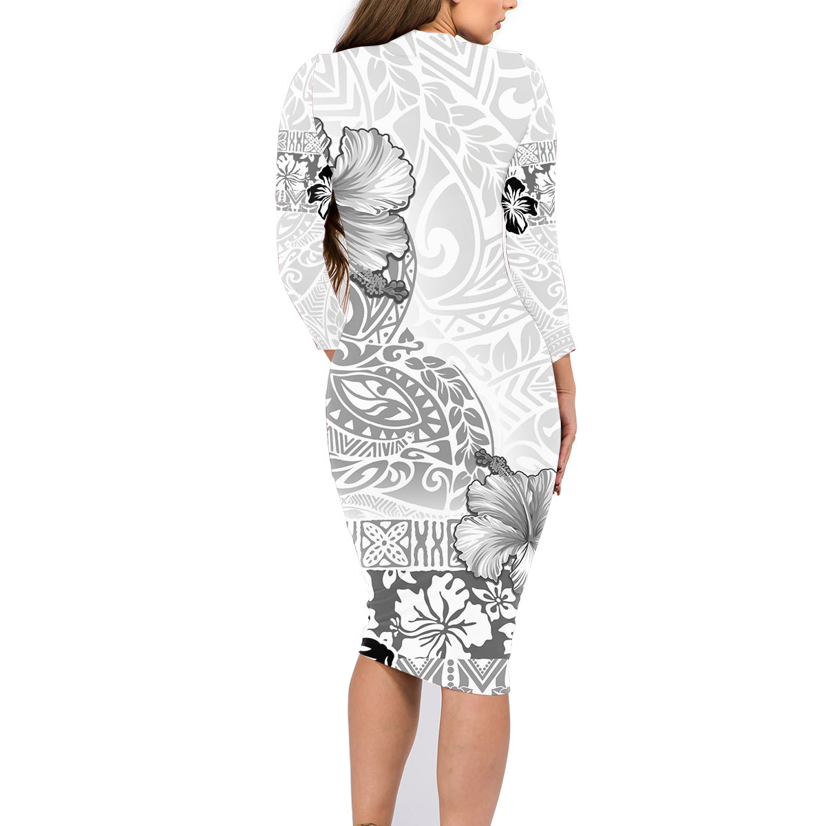 Hawaii Hibiscus With White Polynesian Pattern Family Matching Long Sleeve Bodycon Dress and Hawaiian Shirt LT05 - Polynesian Pride