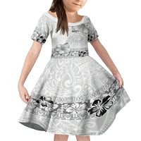 Hawaii Hibiscus With White Polynesian Pattern Family Matching Off The Shoulder Long Sleeve Dress and Hawaiian Shirt LT05 Daughter's Dress White - Polynesian Pride