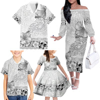 Hawaii Hibiscus With White Polynesian Pattern Family Matching Off The Shoulder Long Sleeve Dress and Hawaiian Shirt LT05 - Polynesian Pride