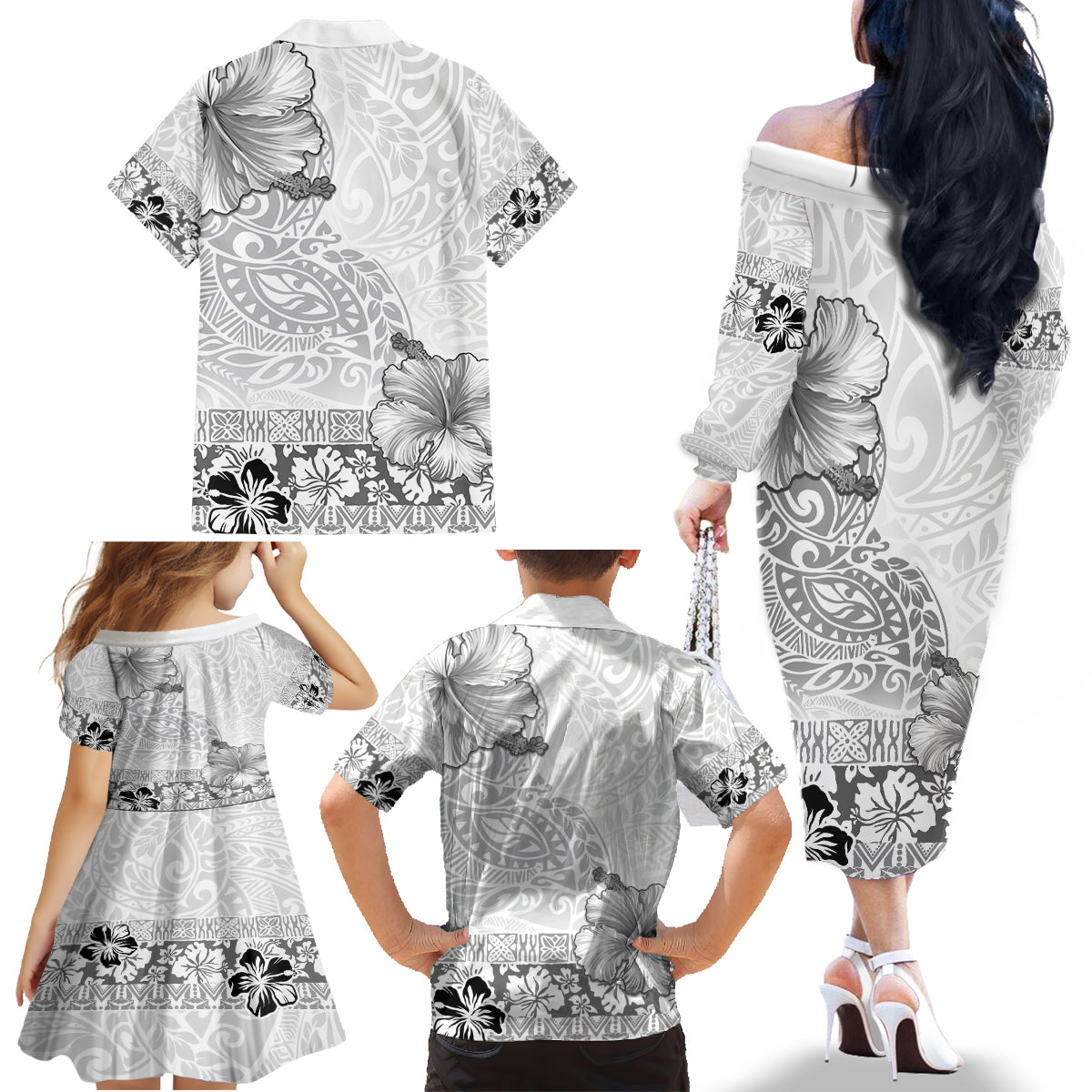 Hawaii Hibiscus With White Polynesian Pattern Family Matching Off The Shoulder Long Sleeve Dress and Hawaiian Shirt LT05 - Polynesian Pride