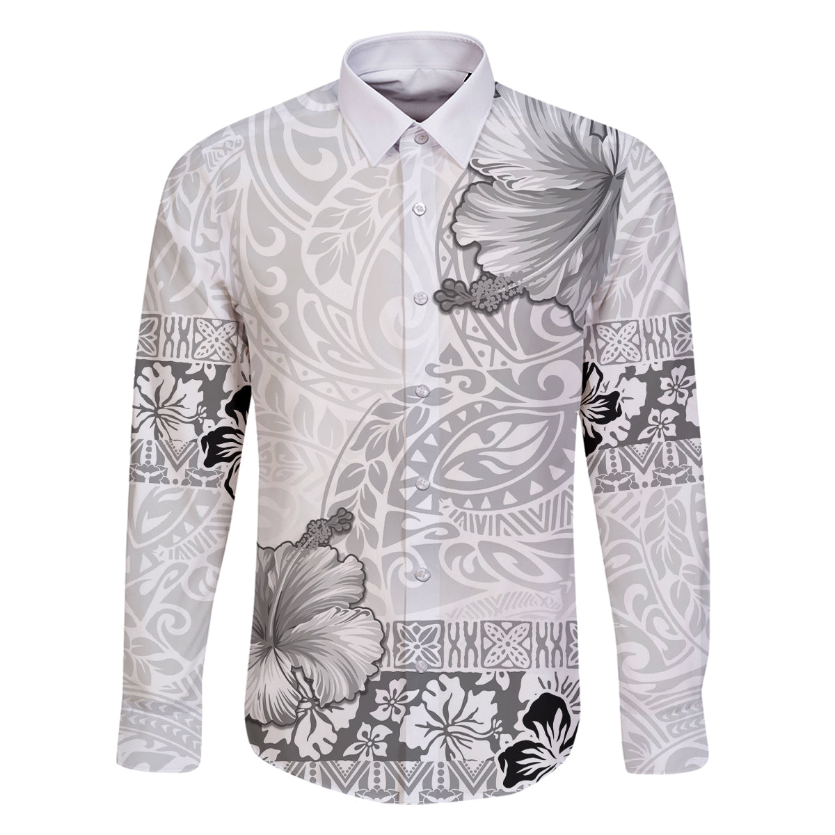 Hawaii Hibiscus With White Polynesian Pattern Family Matching Off The Shoulder Long Sleeve Dress and Hawaiian Shirt LT05 Dad's Shirt - Long Sleeve White - Polynesian Pride