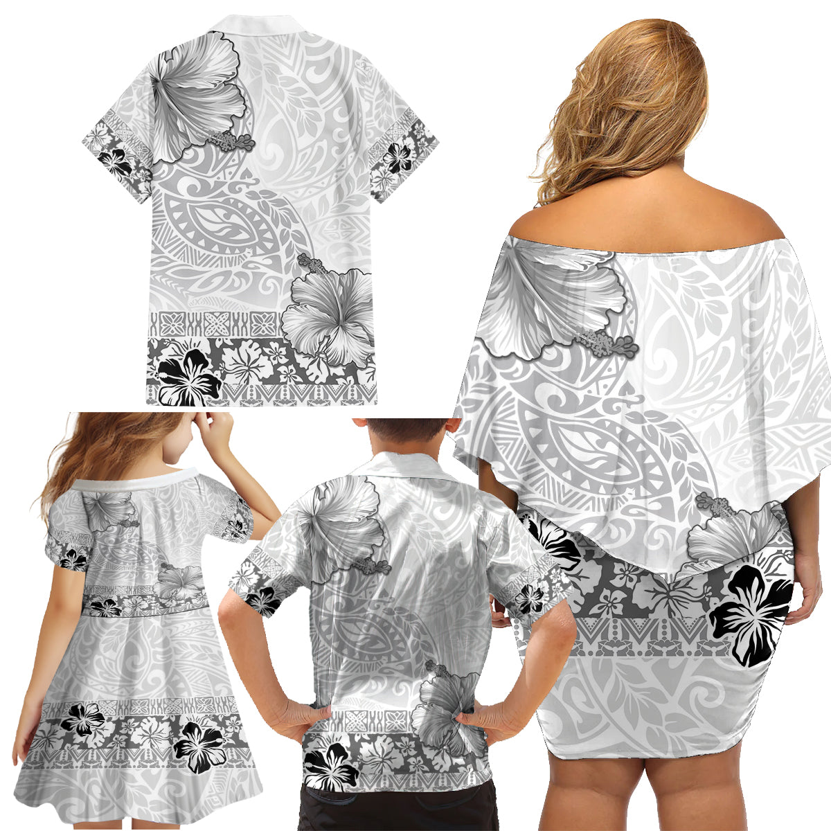 Hawaii Hibiscus With White Polynesian Pattern Family Matching Off Shoulder Short Dress and Hawaiian Shirt