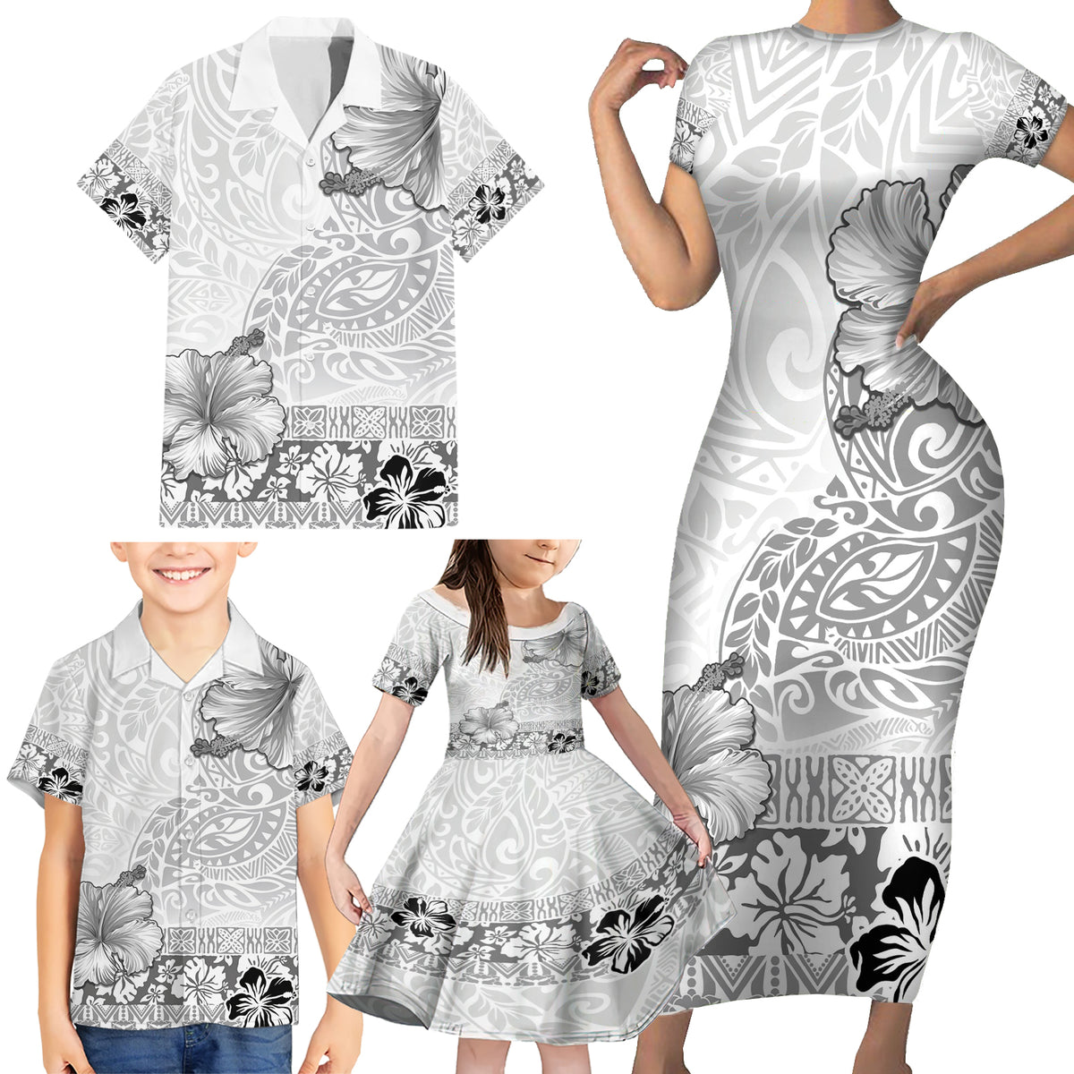 Hawaii Hibiscus With White Polynesian Pattern Family Matching Short Sleeve Bodycon Dress and Hawaiian Shirt LT05 - Polynesian Pride