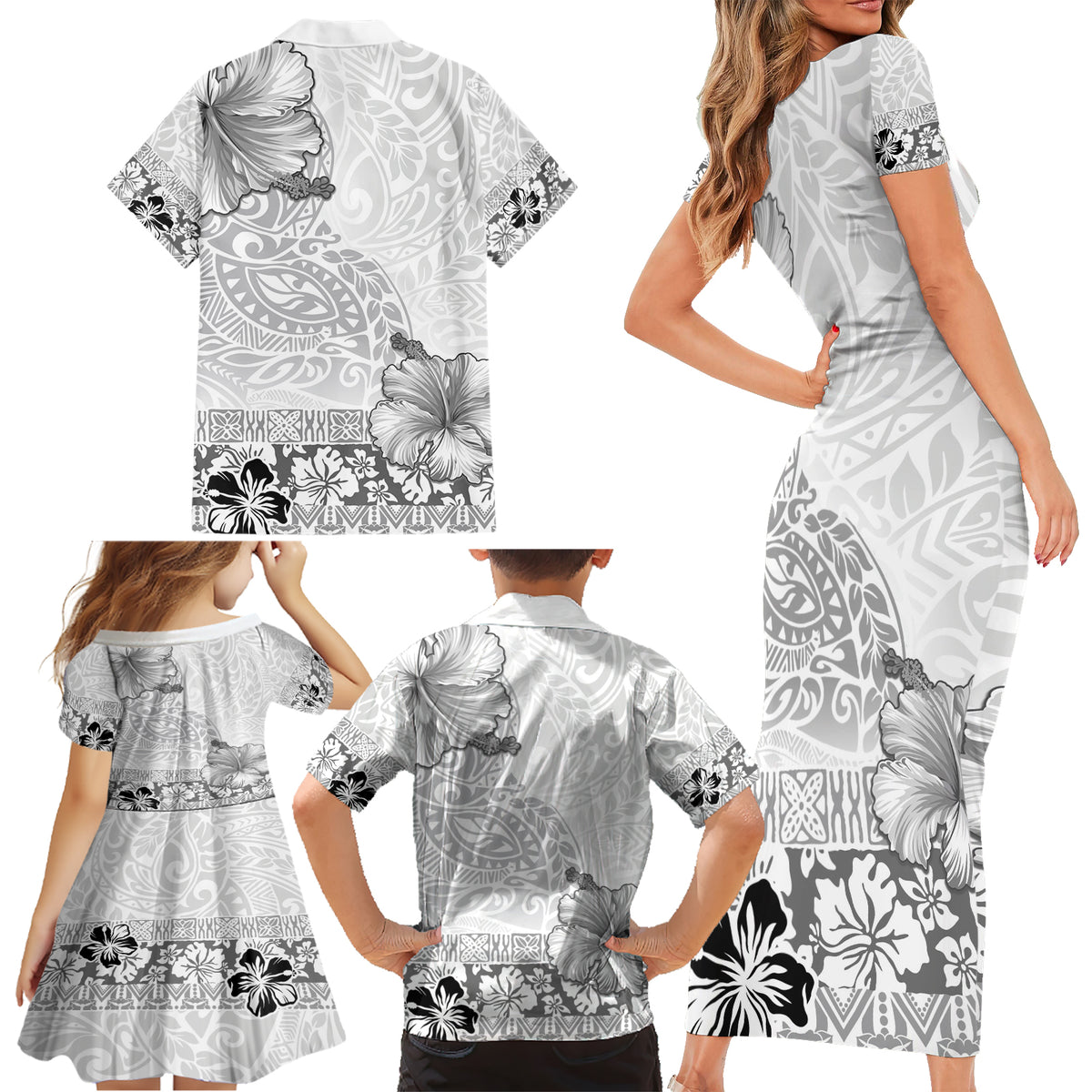 Hawaii Hibiscus With White Polynesian Pattern Family Matching Short Sleeve Bodycon Dress and Hawaiian Shirt LT05 - Polynesian Pride