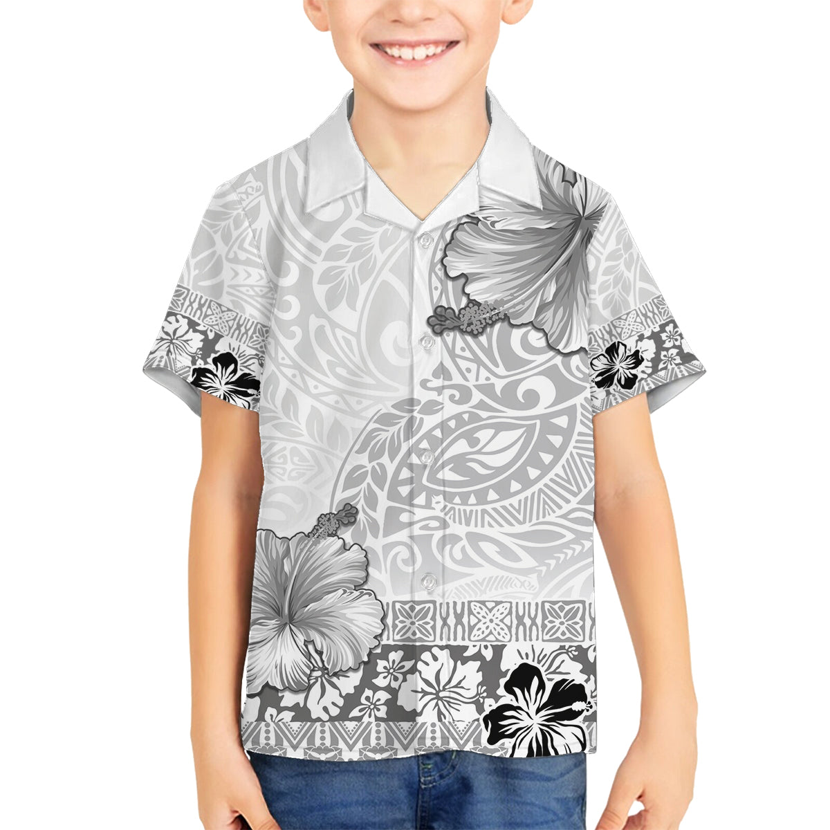 Hawaii Hibiscus With White Polynesian Pattern Family Matching Summer Maxi Dress and Hawaiian Shirt