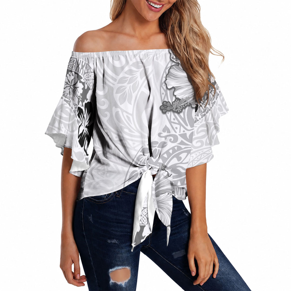 Hawaii Hibiscus With White Polynesian Pattern Off Shoulder Wrap Waist Top LT05 - Polynesian Pride