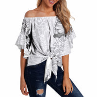 Hawaii Hibiscus With White Polynesian Pattern Off Shoulder Wrap Waist Top LT05 - Polynesian Pride