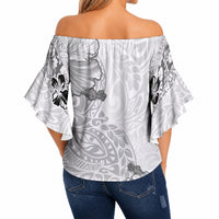 Hawaii Hibiscus With White Polynesian Pattern Off Shoulder Wrap Waist Top LT05 - Polynesian Pride