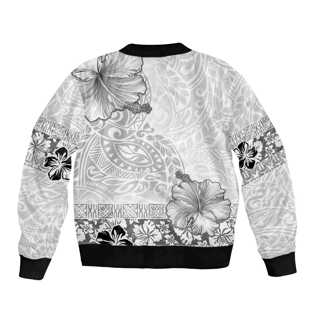 Hawaii Hibiscus With White Polynesian Pattern Sleeve Zip Bomber Jacket