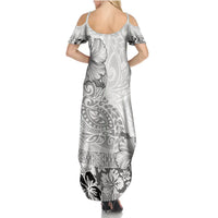 Hawaii Hibiscus With White Polynesian Pattern Summer Maxi Dress