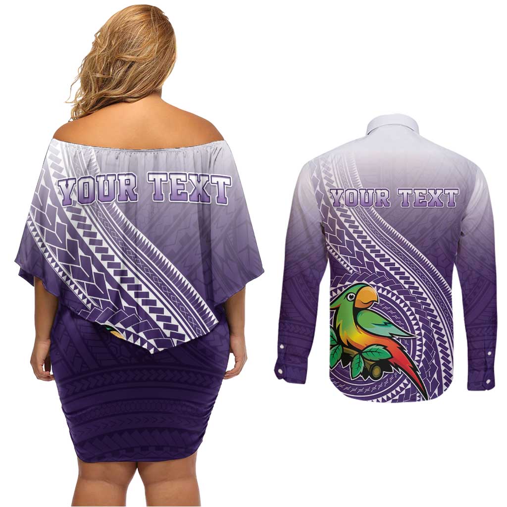Personalized Manua High School Couples Matching Off Shoulder Short Dress and Long Sleeve Button Shirt Polynesian Tribal Pattern