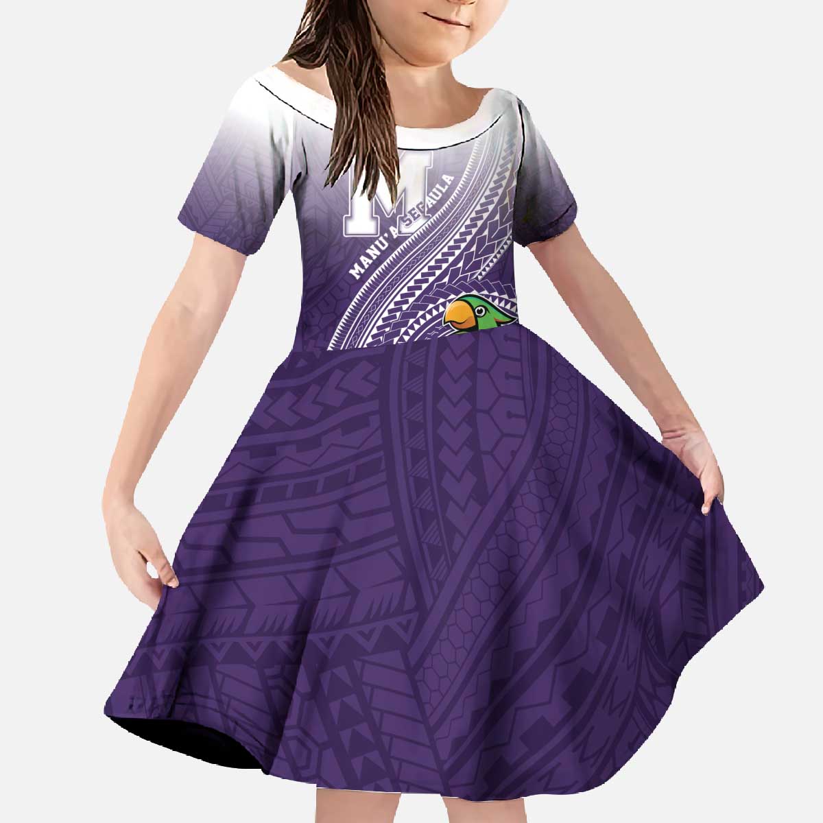 Personalized Manua High School Family Matching Off The Shoulder Long Sleeve Dress and Hawaiian Shirt Polynesian Tribal Pattern LT05 Daughter's Dress Purple - Polynesian Pride