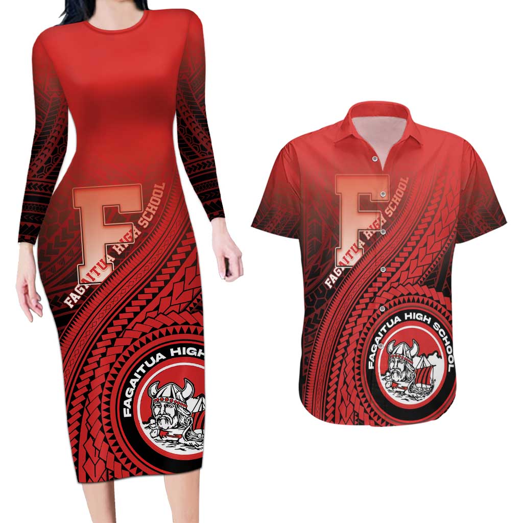 Personalized Fagaitua High School Couples Matching Long Sleeve Bodycon Dress and Hawaiian Shirt Polynesian Tribal Pattern LT05 Red - Polynesian Pride