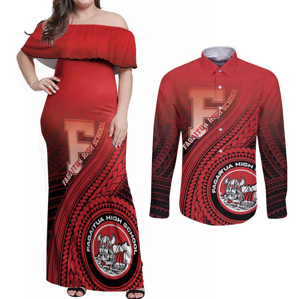 Personalized Fagaitua High School Couples Matching Off Shoulder Maxi Dress and Long Sleeve Button Shirt Polynesian Tribal Pattern LT05 Red - Polynesian Pride