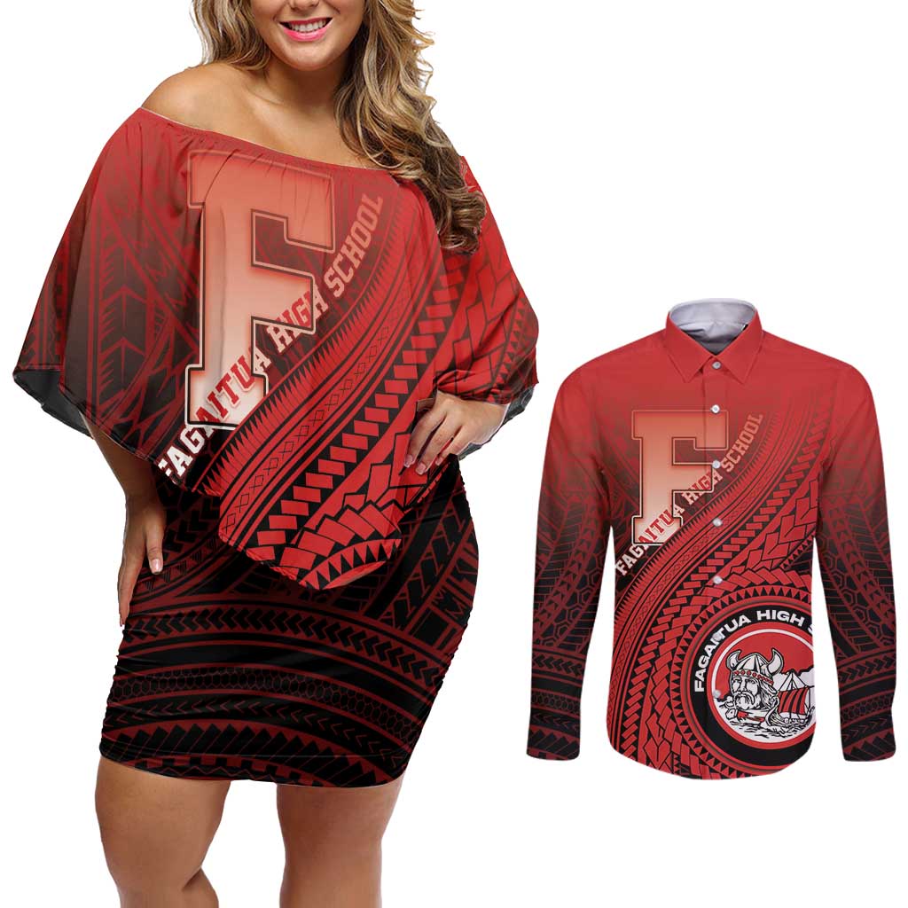 Personalized Fagaitua High School Couples Matching Off Shoulder Short Dress and Long Sleeve Button Shirt Polynesian Tribal Pattern LT05 Red - Polynesian Pride