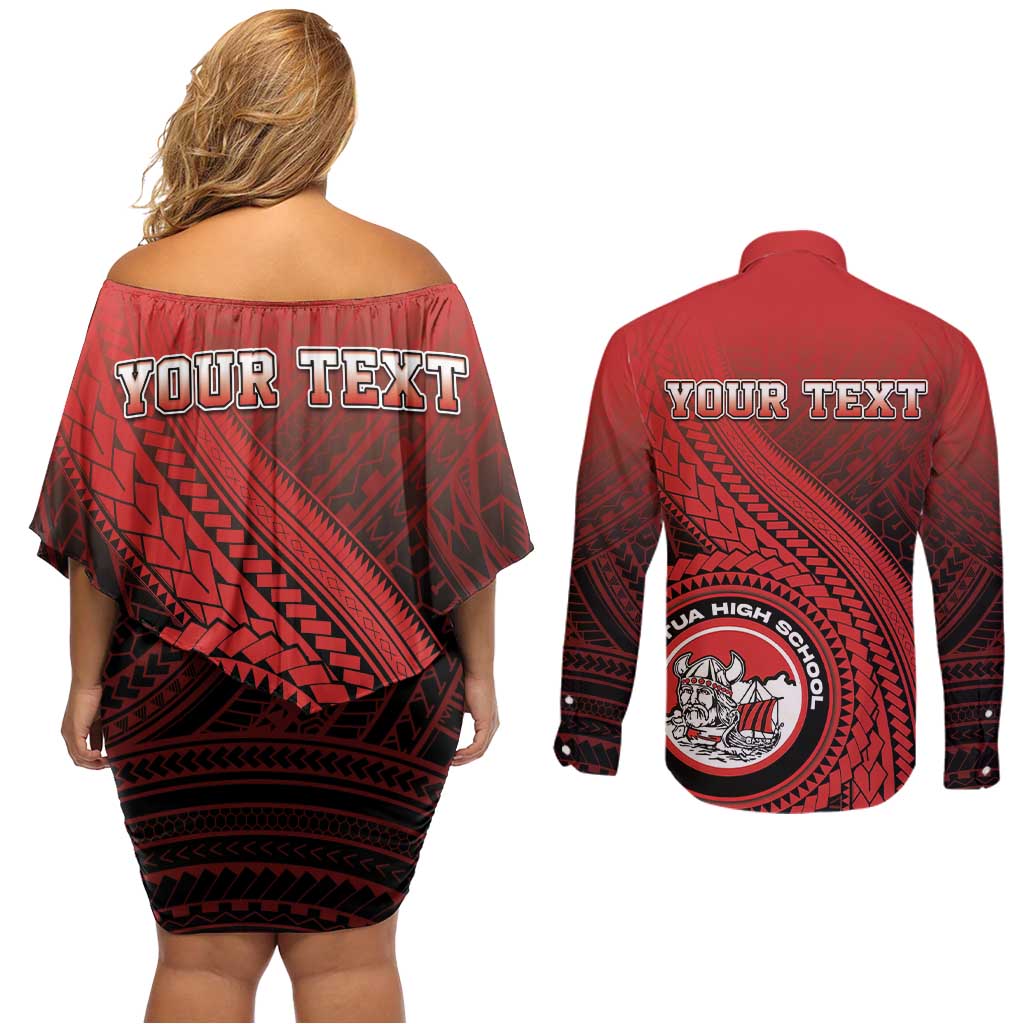 Personalized Fagaitua High School Couples Matching Off Shoulder Short Dress and Long Sleeve Button Shirt Polynesian Tribal Pattern