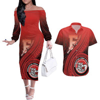 Personalized Fagaitua High School Couples Matching Off The Shoulder Long Sleeve Dress and Hawaiian Shirt Polynesian Tribal Pattern LT05 Red - Polynesian Pride