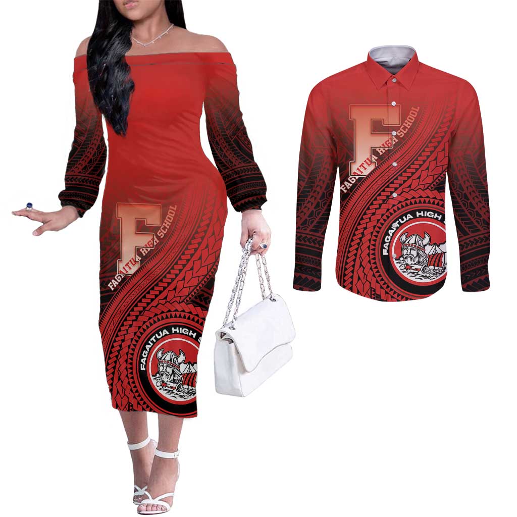 Personalized Fagaitua High School Couples Matching Off The Shoulder Long Sleeve Dress and Long Sleeve Button Shirt Polynesian Tribal Pattern LT05 Red - Polynesian Pride