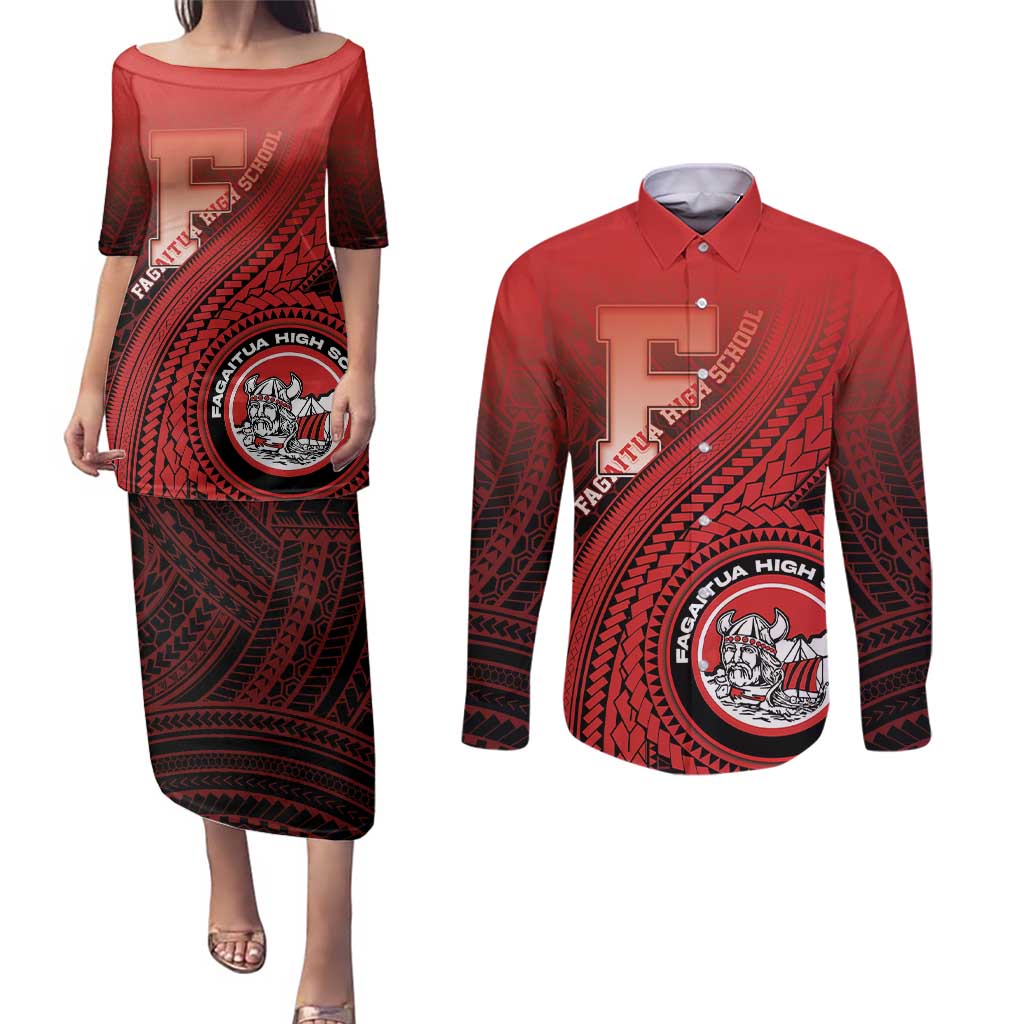 Personalized Fagaitua High School Couples Matching Puletasi and Long Sleeve Button Shirt Polynesian Tribal Pattern LT05 Red - Polynesian Pride