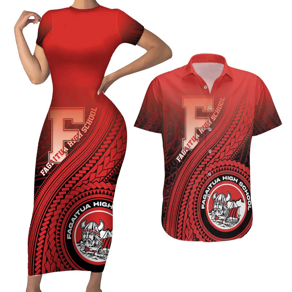 Personalized Fagaitua High School Couples Matching Short Sleeve Bodycon Dress and Hawaiian Shirt Polynesian Tribal Pattern LT05 Red - Polynesian Pride