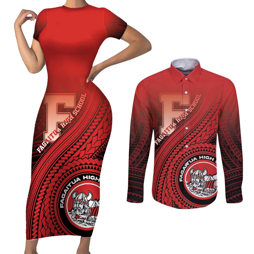 Personalized Fagaitua High School Couples Matching Short Sleeve Bodycon Dress and Long Sleeve Button Shirt Polynesian Tribal Pattern LT05 Red - Polynesian Pride