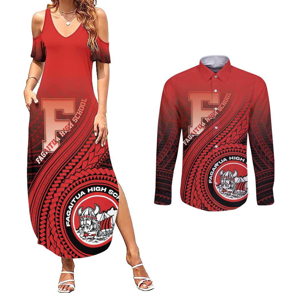Personalized Fagaitua High School Couples Matching Summer Maxi Dress and Long Sleeve Button Shirt Polynesian Tribal Pattern LT05 Red - Polynesian Pride