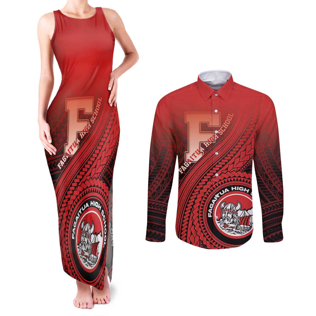 Personalized Fagaitua High School Couples Matching Tank Maxi Dress and Long Sleeve Button Shirt Polynesian Tribal Pattern LT05 Red - Polynesian Pride
