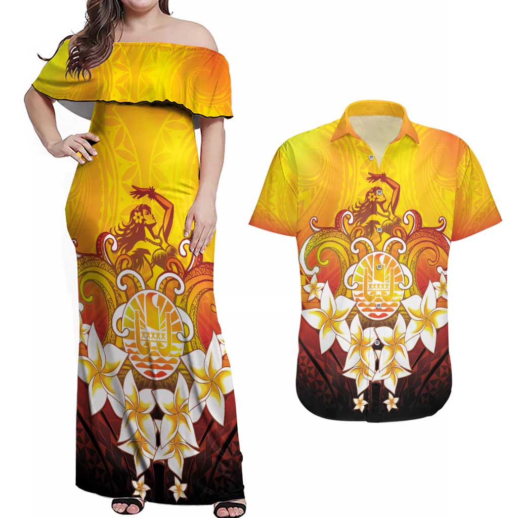 Tahiti Heiva Festival Couples Matching Off Shoulder Maxi Dress and Hawaiian Shirt Tahitian Vahine Plumeria Flowers LT05 Yellow - Polynesian Pride
