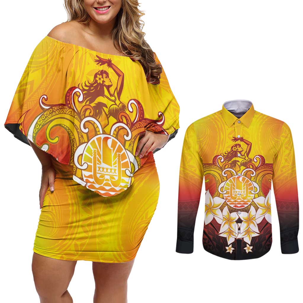Tahiti Heiva Festival Couples Matching Off Shoulder Short Dress and Long Sleeve Button Shirt Tahitian Vahine Plumeria Flowers LT05 Yellow - Polynesian Pride