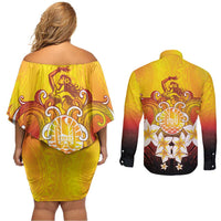 Tahiti Heiva Festival Couples Matching Off Shoulder Short Dress and Long Sleeve Button Shirt Tahitian Vahine Plumeria Flowers LT05 - Polynesian Pride