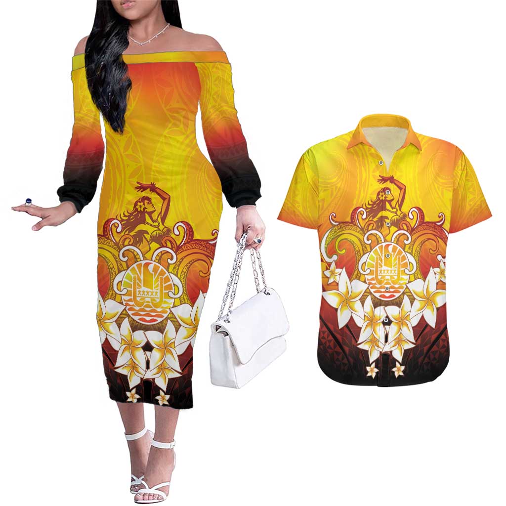 Tahiti Heiva Festival Couples Matching Off The Shoulder Long Sleeve Dress and Hawaiian Shirt Tahitian Vahine Plumeria Flowers LT05 Yellow - Polynesian Pride