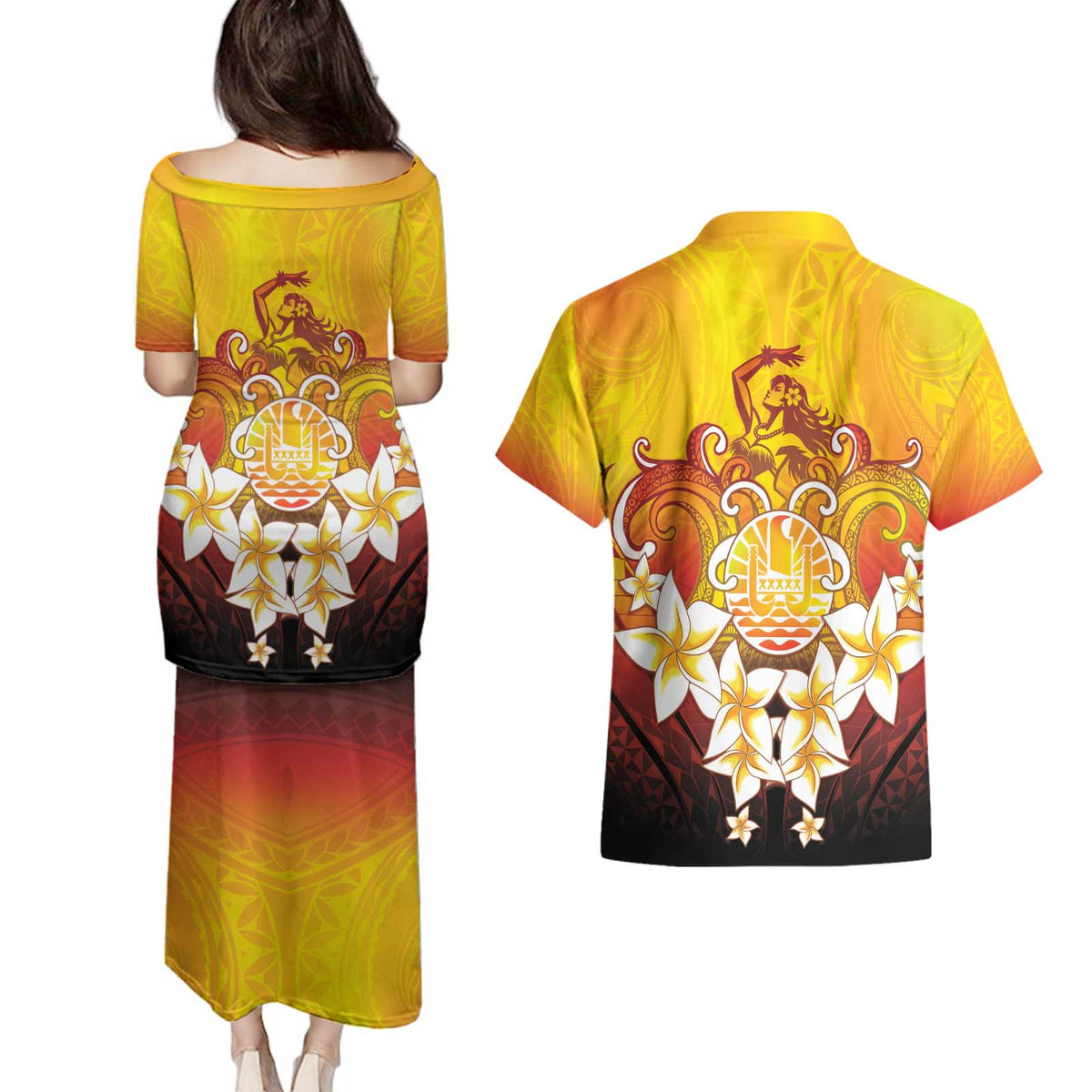 Tahiti Heiva Festival Couples Matching Puletasi and Hawaiian Shirt Tahitian Vahine Plumeria Flowers LT05 - Polynesian Pride