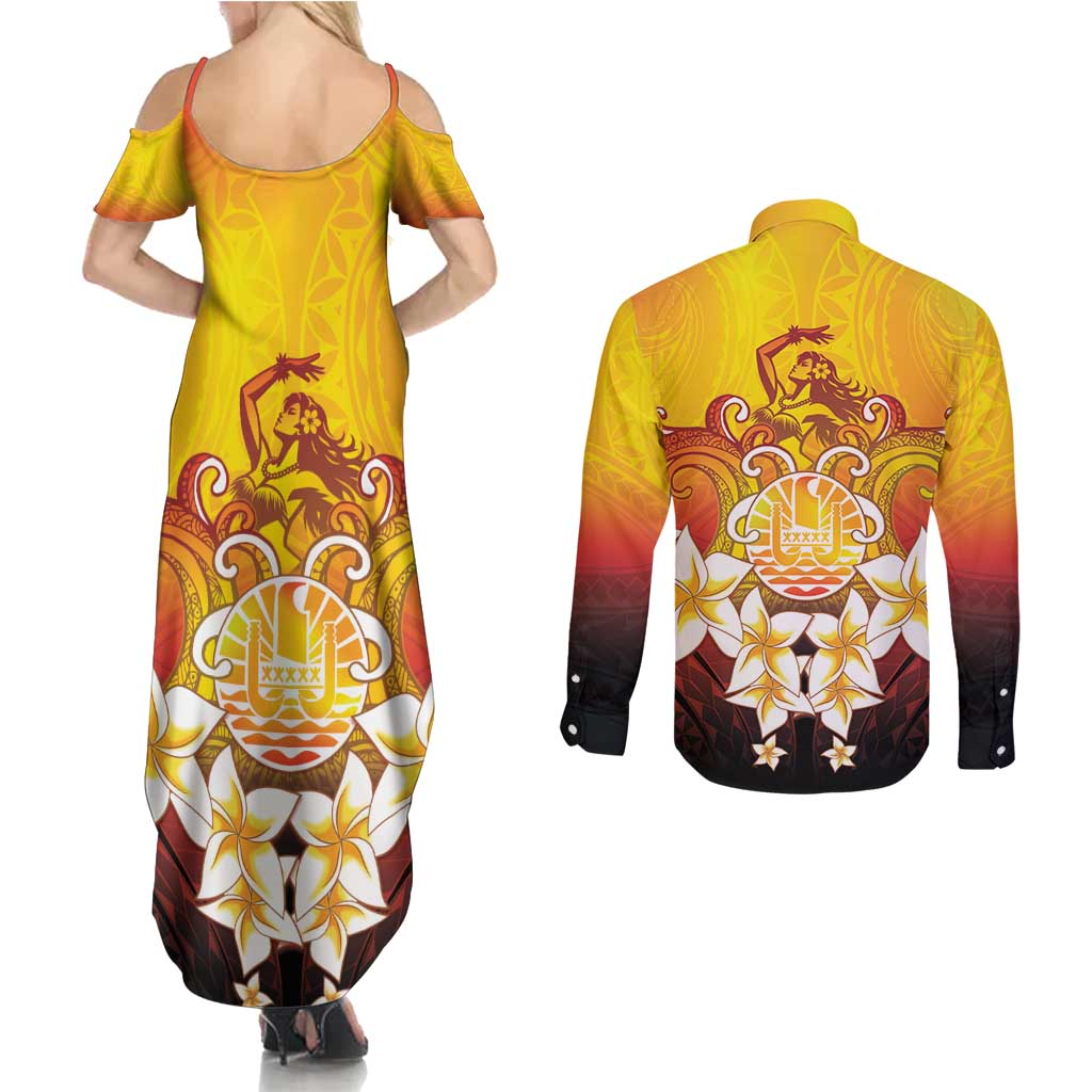 Tahiti Heiva Festival Couples Matching Summer Maxi Dress and Long Sleeve Button Shirt Tahitian Vahine Plumeria Flowers LT05 - Polynesian Pride